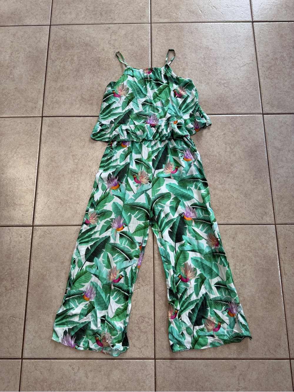 Zara Green Tropical-Print Wide Leg Jumpsuit